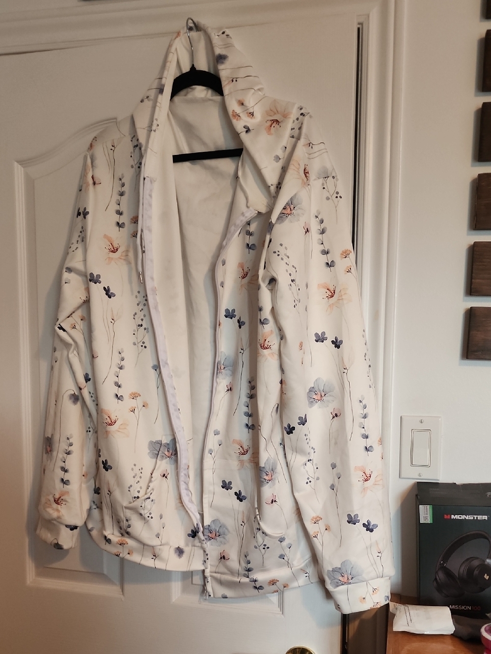 Women's Floral Hooded Jacket - White with Blue & Peach Accents